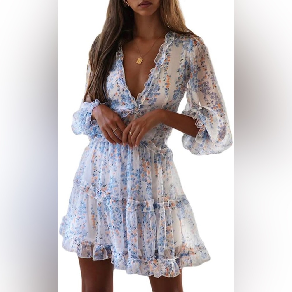 Womens Floral Print Deep V Neck Long Sleeve Ruffle Mini Dress